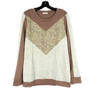 12PM Mon Ami GRAY/BROWN Leopard Print KNIT COLORBLOCK CHEVRON T-Shirt Top SZ L